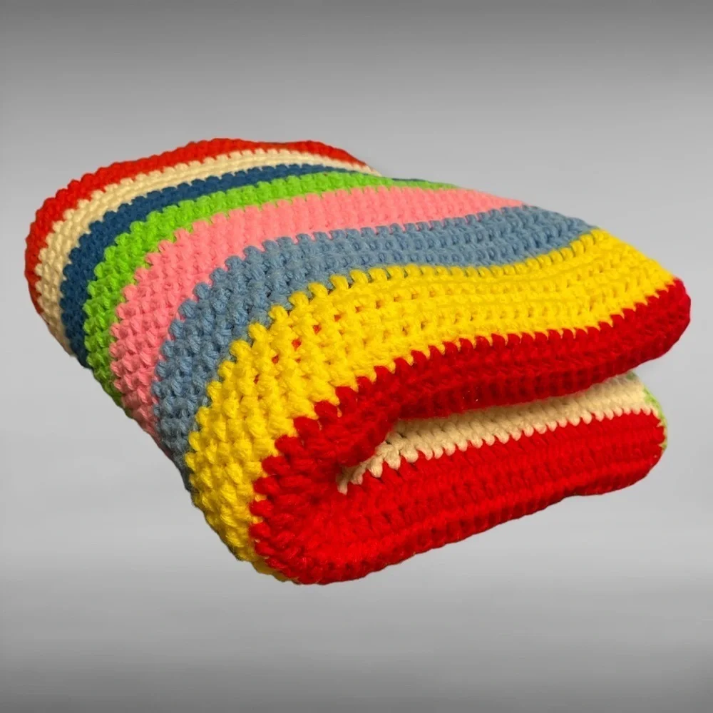 Handmade Crocheted Colorful Rainbow Afghan Blanket Throw 64 x 116 Pride